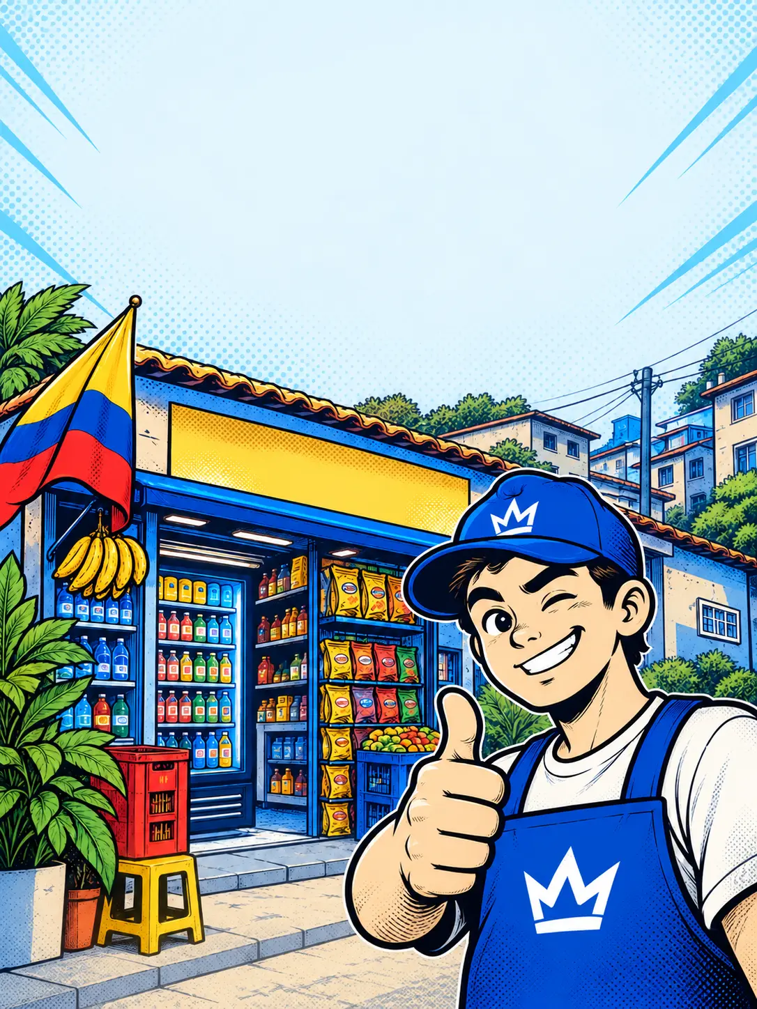 Ilustración de una tienda de barrio colombiana y su vendedor